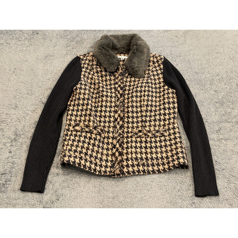 CAbi Blazer Womens 6 Style #978 Brown Houndstooth Mixer Zip Up Jacket Fur Collar